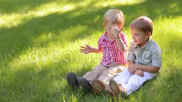 两个有趣的小男孩在公园的绿草上玩耍暑假视频的预览图