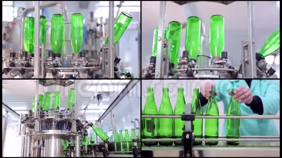 拼贴线的制水矿泉水绿色瓶子正沿着自动生产线移动水视频的预览图