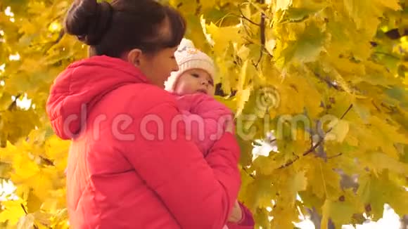 妈妈把婴儿抱在怀里亲吻他的脸颊向孩子展示黄色的叶子然后笑视频的预览图