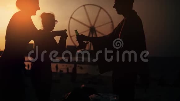 日落时分一群年轻人在海滩上贴着眼镜视频的预览图