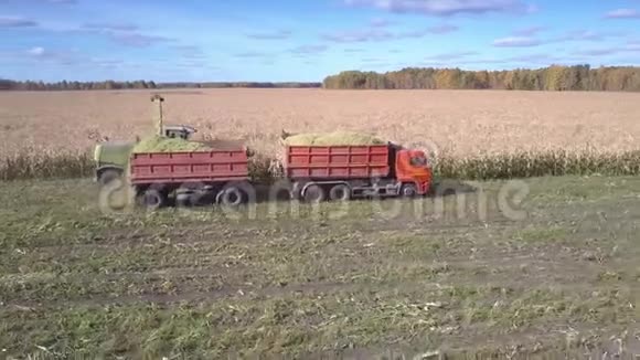 侧视玉米结合卡车收集玉米团视频的预览图