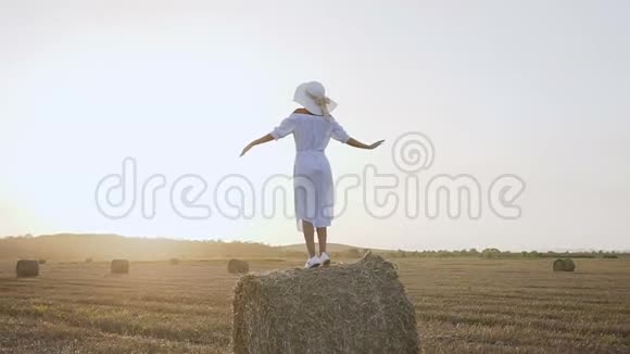 年轻时尚的女孩穿着连衣裙站在干草堆上把手伸向天空田野里美丽的少女女孩视频的预览图