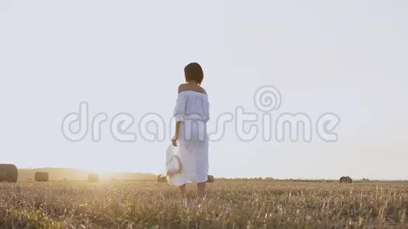 穿着帽子的女孩沿着草田散步一个穿着蓝色连衣裙的女人带着草捆在田野上一个女孩视频的预览图