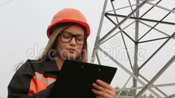 女工程师在变电站附近工作电力线路团队合作视频的预览图