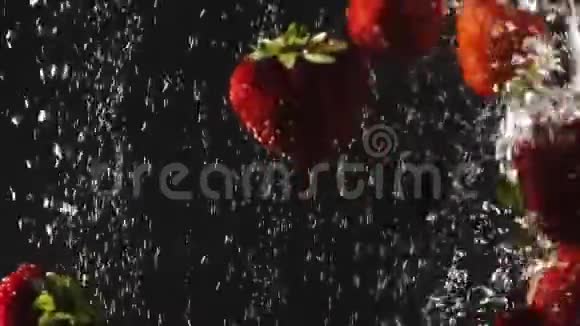 落下来的新鲜草莓和樱桃溅到闪闪发光的水在黑色的背景关门视频的预览图