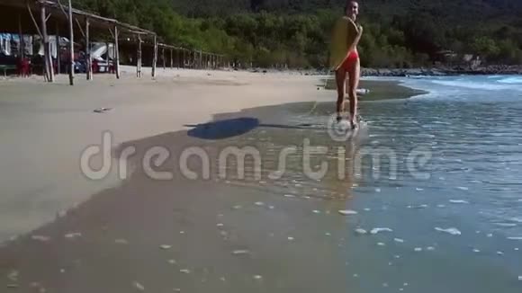 女孩沿着海岸散步绑在冲浪板上与植物对抗视频的预览图