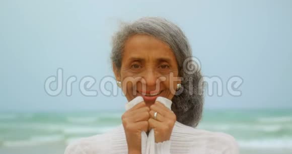 站在海滩上的快乐活跃的老年非裔美国妇女的正面景色视频的预览图