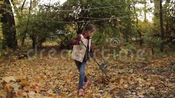 这个小女孩正在打扫从树上掉下来的树叶耙黄叶子的女孩视频的预览图