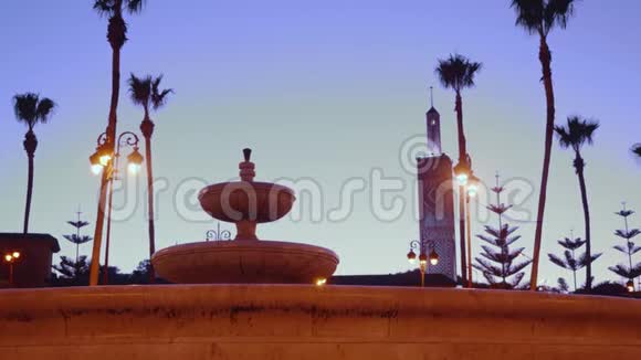 城市中心的喷泉在傍晚的灯光下视频的预览图