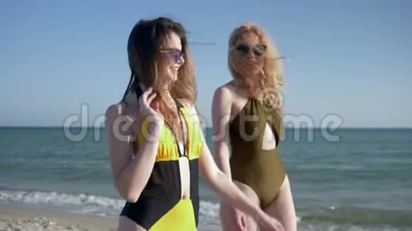 夏季旅行穿太阳镜和泳衣的女孩享受海景互相交谈视频的预览图