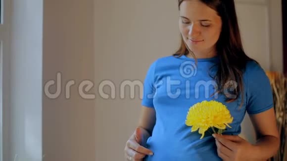 孕妇抱着她的肚子和花靠近窗户视频的预览图