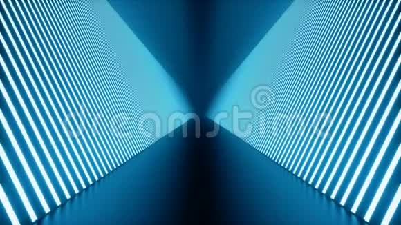 3D循环动画无缝抽象未来主义蓝色房间走廊隧道与霓虹灯荧光灯视频的预览图