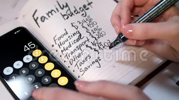 女人用计算器计算家庭预算用笔记本写视频的预览图
