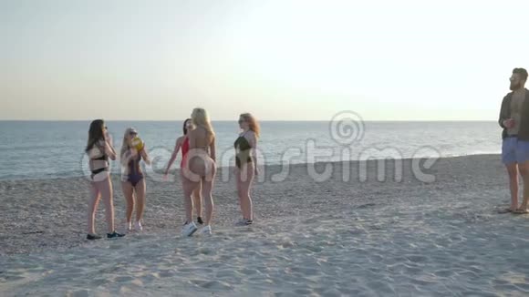 在度假胜地的海边年轻人喜欢穿着泳装带球的女孩调情视频的预览图