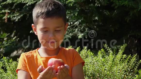男孩闻到了桃子的香味视频的预览图