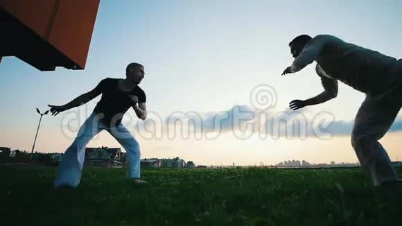 两个强壮的人在草地上展示卡波伊拉舞的艺术视频的预览图