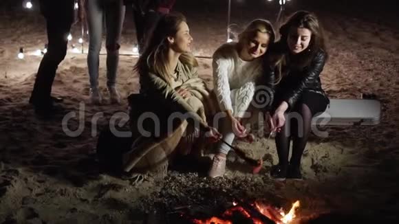 野餐的女朋友正在海边的篝火旁聊天和烤香肠视频的预览图
