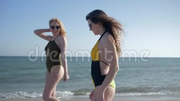 海滩季节穿着泳衣的快乐朋友享受周末的海上时光头发飞舞视频的预览图