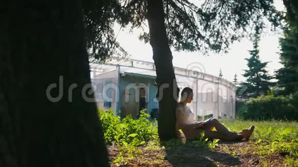 日落时分坐在树下看书的年轻女子视频的预览图