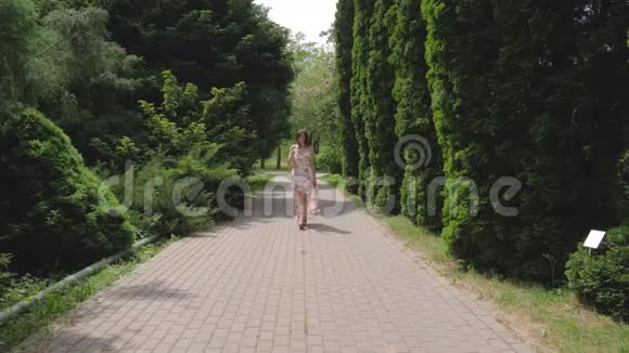 夏日穿礼服走在装饰树木的小巷里视频的预览图