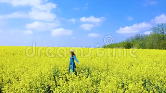 在阳光明媚的日子里女孩在盛开的油菜花田里尽情享受视频的预览图