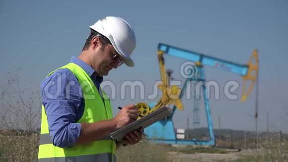 年轻工程师在油泵附近写下信息视频的预览图