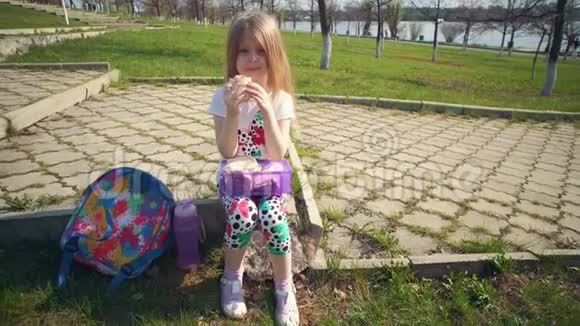 金发小女孩在晴天在公园吃午饭视频的预览图