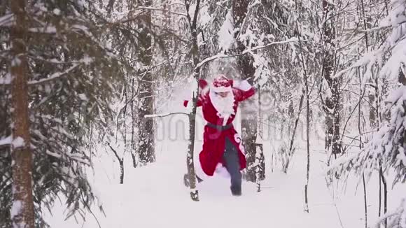桑塔克劳斯在冬天的森林里向你跑来慢动作视频的预览图