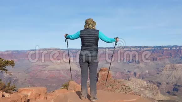 大峡谷顶端的女游客从成功中举起双臂视频的预览图