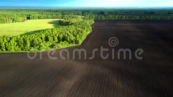 上观广袤的棕色耕地绿林覆盖视频的预览图