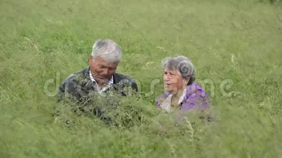 一对白发苍苍的长者坐在绿草中视频的预览图
