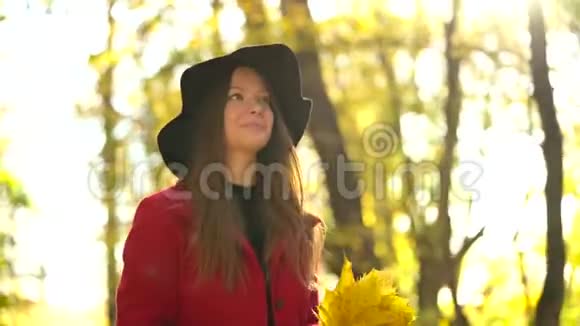 戴着黑帽子的漂亮女孩在秋天的森林里散步享受着好天气视频的预览图
