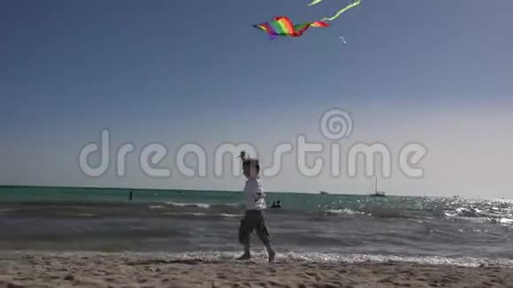 小男孩在海边奔跑小男孩拿着彩风筝快乐飞翔大海挥手视频的预览图