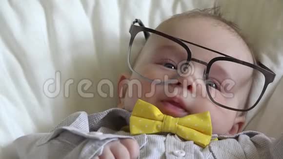 带大眼镜和领结的滑稽小宝宝老板肖像视频的预览图