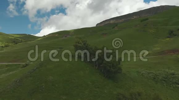 夏季乘飞机飞越山区绿峡上空带着树在山上飞来飞去视频的预览图