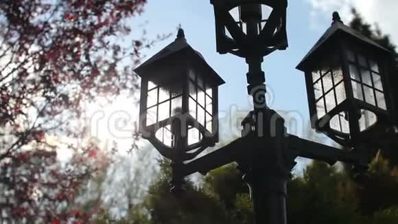 在天空背景和阳光照射下公园里的灯笼特写视频的预览图