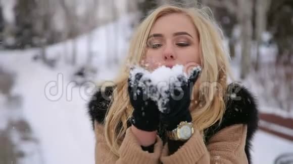 穿着黑色皮毛大衣的女孩在公园里吹雪视频的预览图
