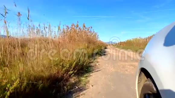 汽车在泥泞的道路上行驶在Pego和Oliva的LaMarjal湿地自然公园视频的预览图