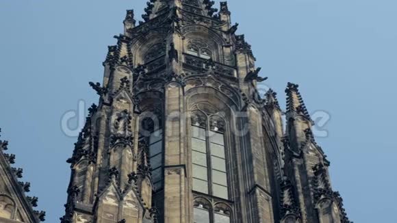 古哥特式大教堂立面和塔楼上的人物和装饰视频的预览图