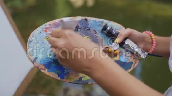 托盘上的女艺术家为4k的山水画铺上小颜料视频的预览图