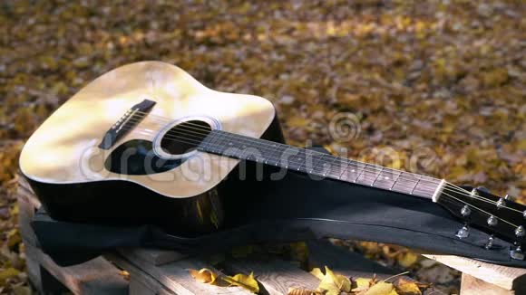吉他躺在森林的黄叶上黄叶落在吉他上秋林视频的预览图
