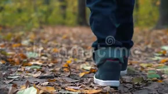 秋天公园里一个黄叶男孩的脚特写一个男孩穿过森林里黄色的落叶特写镜头视频的预览图