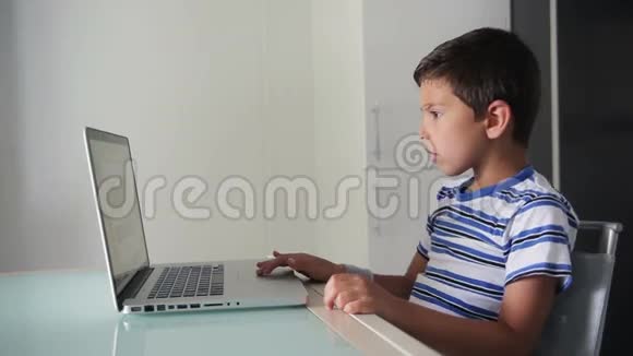 男孩看着笔记本电脑视频的预览图