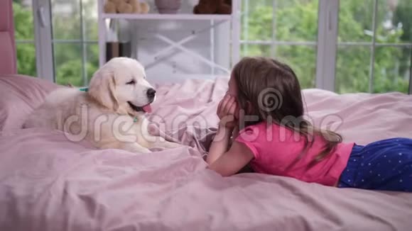 小女孩和小狗躺在舒适的床上视频的预览图