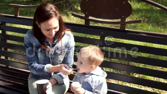 年轻的妇女和孩子正在公园的长凳上吃冰淇淋年轻的母亲用勺子给儿子吃冰淇淋慢视频的预览图