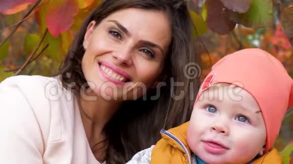 秋天城市公园黄树模糊背景下母子特写镜头幸福家庭视频的预览图