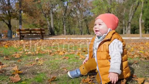 快乐的孩子流着唾液微笑着坐在草坪上秋天的公园里有黄叶视频的预览图