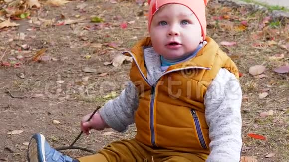童年时小男孩正在秋天公园里玩小树枝和黄叶坐在地上视频的预览图