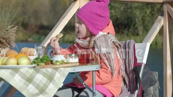 穿暖和衣服的小女孩吃煎饼喝茶保护自己免受昆虫的侵害在河边野餐视频的预览图