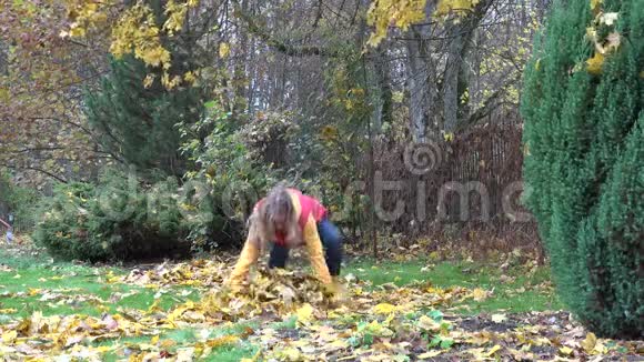 快乐的女人在公园里跳着干燥的杜鲁门叶4K视频的预览图